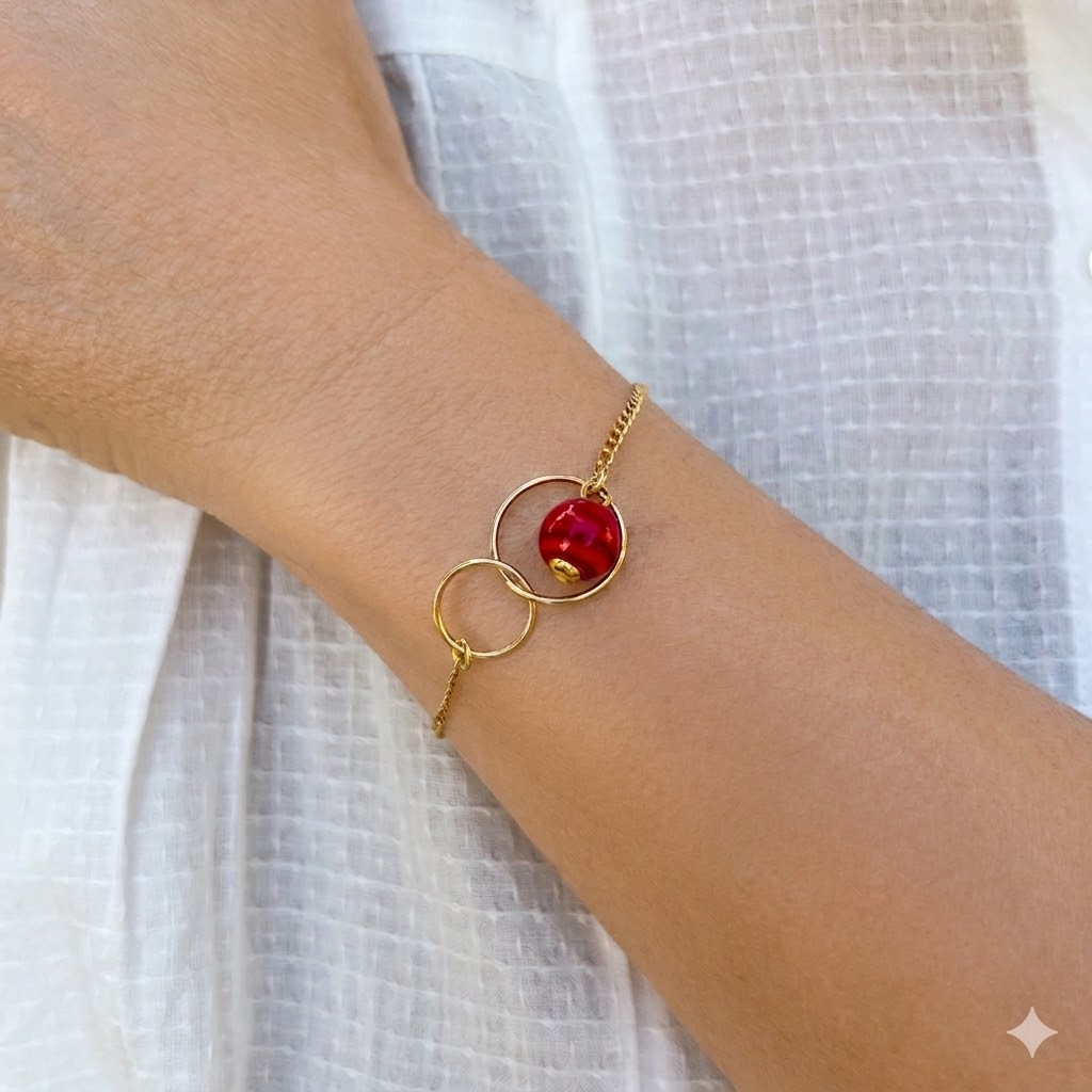 Bracelet en Plaqué Or Anneaux Entrelacés et Perle de Murano Artisanale - Rouge Passion