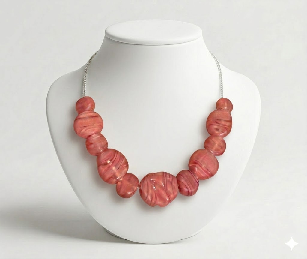 Collier artisanal Pushi en perles de verre de Murano rose nacré filées au chalumeau