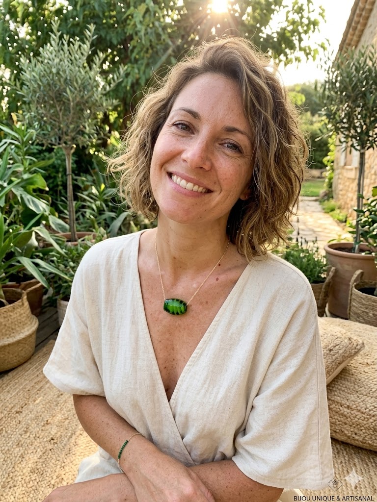 Collier en verre de Murano coloris vert sur une femme