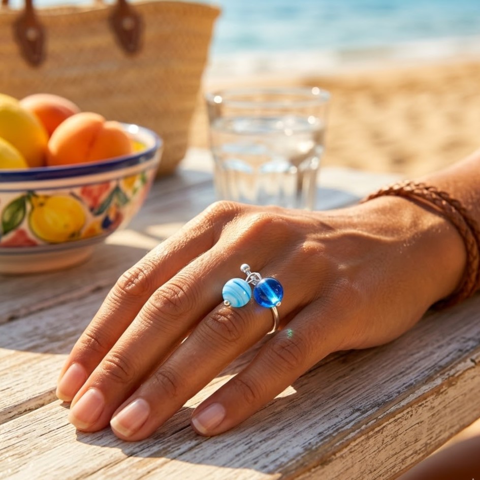 Bague réglable argent925 perles Murano glass bleu Estelle – Image 2