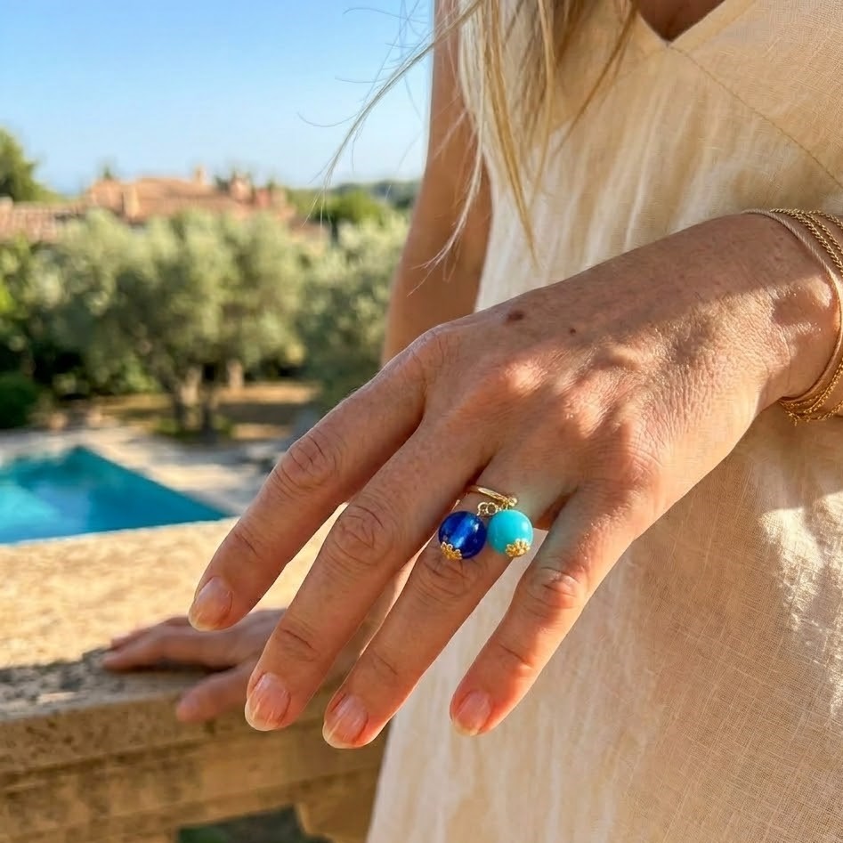 Bague réglable plaqué or perles Murano glass bleu turquoise Estrella – Image 2