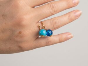 Bague réglable plaqué or perles Murano glass bleu turquoise Estrella