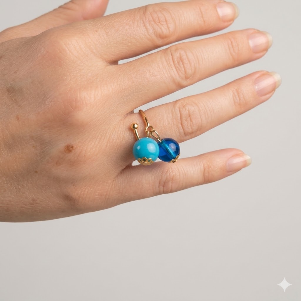 Bague réglable plaqué or perles Murano glass bleu turquoise Estrella