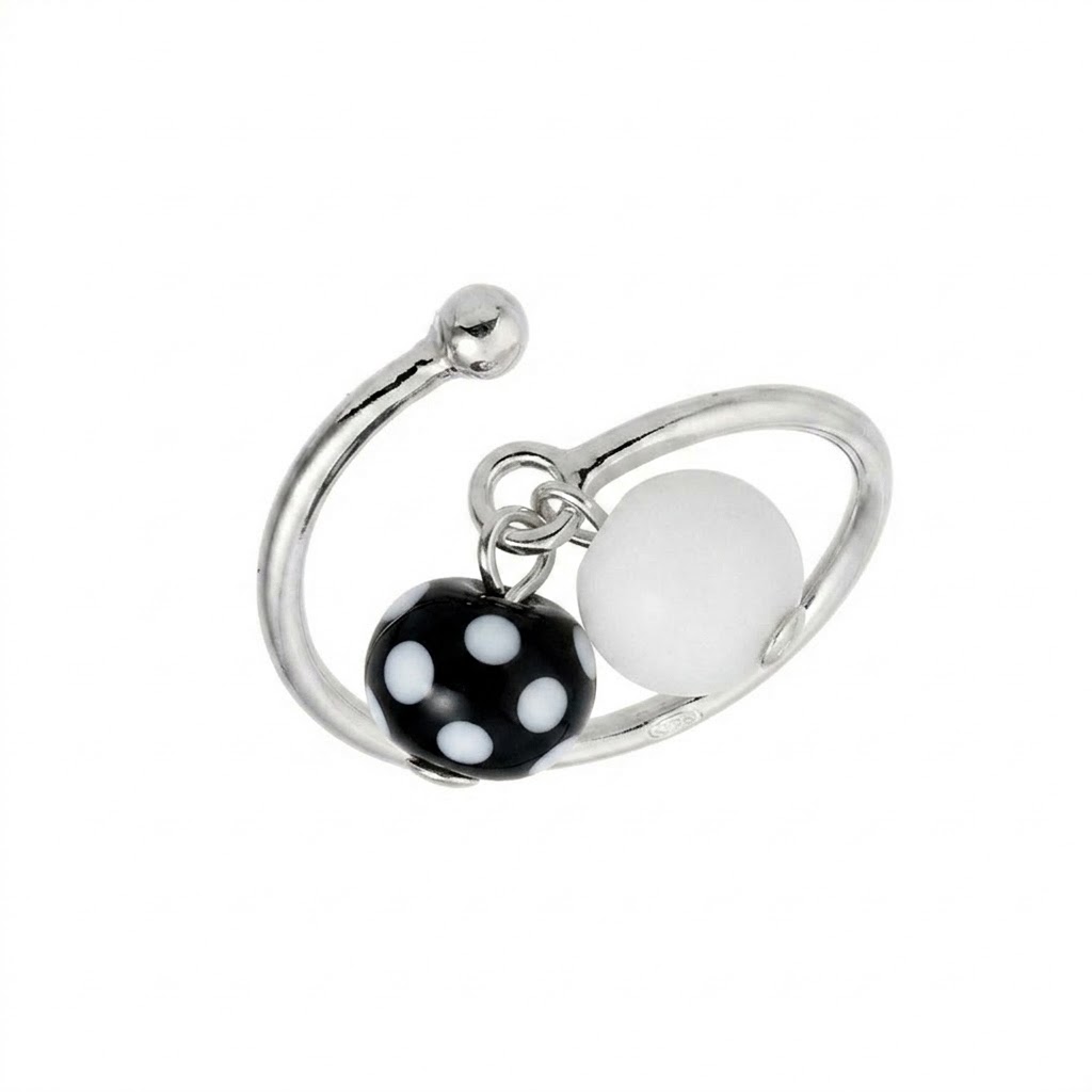 Bague réglable argent925 perles Murano glass blanc et noir Estelle – Image 2