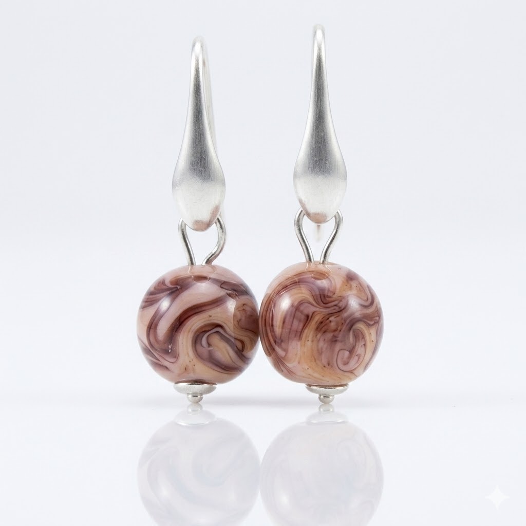 Boucles d'Oreilles Goutte en Argent 925 et Perles de Murano Nude - Décor Dentelle Noir