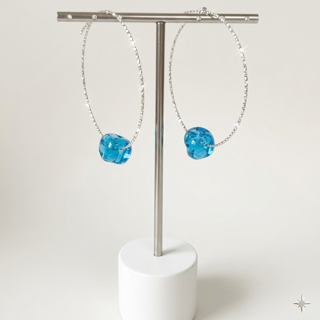 Boucles d'Oreilles Créoles Scintillantes Argent 925 et Perle Murano Turquoise